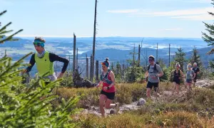 Gruppe von Läufern beim trailrunning training in bergiger Landschaft mit Blick auf ein Tal.