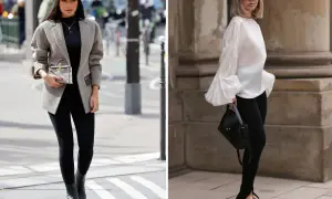 Eleganckie botki i baleriny to świetne propozycje, jakie buty do legginsów pasują do stylizacji z marynarką lub bufiaste bluzką.