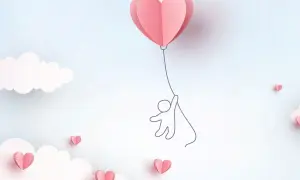 Rocznica związku: serce-balon unosi postać, a wokół chmury i serduszka.