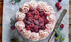 En vacker chokladtårta med hallon, dekorerad med rosa frosting och färska hallon. Pudrad med florsocker.
