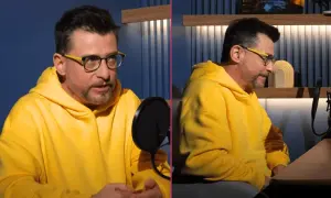 Kacper Kuszewski w żółtej bluzie z kapturem, z okularami na nosie, rozmawia przy mikrofonie. Czy ma żonę?