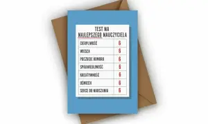 Kartka z testem na najlepszego nauczyciela, oceny 6 z cierpliwości, wiedzy, humoru, sprawiedliwości, kreatywności, uśmiechu i serca do nauczania. Art 20 kn.