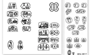 Kolekcja znaków probierczych: próba 835 złoto czy srebro, korony, zwierzęta, mosty i inne symbole.