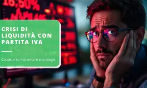 Uomo preoccupato guarda schermo con grafici, testo "Crisi di liquidità con partita IVA: cause, errori da evitare e strategie".
