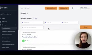 Panel zarządzania umowami dla freelancera. Widoczne filtry wyszukiwania, lista umów i zdjęcie użytkowniczki.