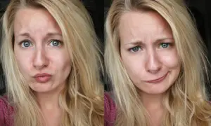 Två närbilder på en kvinna med blont hår. Hon gör olika miner, kanske för att visa resultatet av att blondera håret hemma.