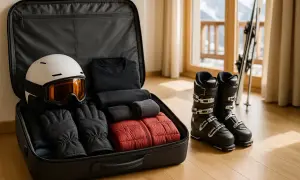 Plecak na narty gotowy do wyjazdu: kask, gogle, rękawice, kurtka i ubrania. Obok buty narciarskie i narty.