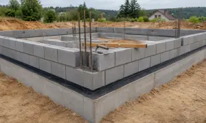 Budowa domu w toku. Widać fundamenty z bloczków betonowych fundamentowych, zbrojenie i narzędzia budowlane.