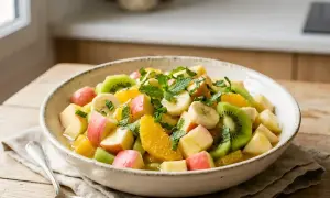 Un bol de salade de fruits d'été colorée avec des morceaux de kiwi, d'orange, de banane et de pomme, garnie de menthe fraîche.