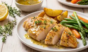 Ugnsbakad kycklingfilé med örter, serverad med rostade potatisklyftor, morötter och gröna bönor. Perfekt kycklingfilé i ugn tid 175 grader.