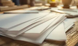 Stos białych kartek o różnej gramaturze leży na drewnianym blacie. W tle filiżanka kawy i przybory piśmiennicze.