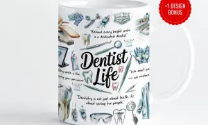 Kubek z motywem "Dentist Life" na dzień dentysty. Ilustracje narzędzi, zębów i cytaty o pracy dentystów.