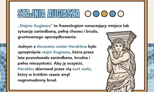 Ilustracja przedstawia antyczną rzeźbę Heraklesa na tle tekstu o "Stajni Augiasza".