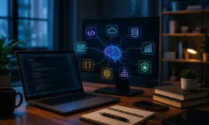 Laptop z kodem, monitor z ikonami symbolizującymi języki programowania, dane, bezpieczeństwo i rozwój.
