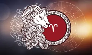 Symbol ♈, głowa barana i koło zodiaku. 14.04 znak zodiaku.