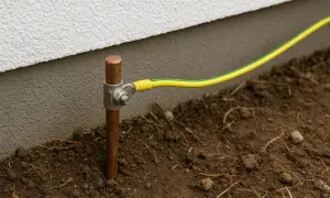 Miedziany pręt wbity w ziemię, podłączony żółto-zielonym przewodem. Pokazuje, jak zrobić uziemienie w starej instalacji, zapewniając bezpieczeństwo.