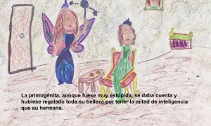 Dos princesas, una con alas y copete, otra sentada. La de alas, riquete el del copete, parece más feliz.
