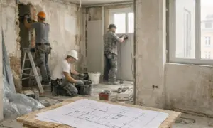 Operai al lavoro in un cantiere, un esempio pratico di ristrutturazione edilizia. Progetti sul tavolo.