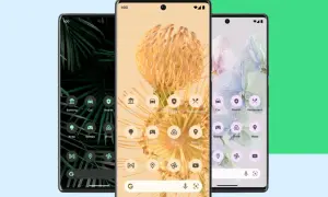 Trzy telefony z systemem android 13 prezentują nowe ikony aplikacji i tapety z motywami roślinnymi.