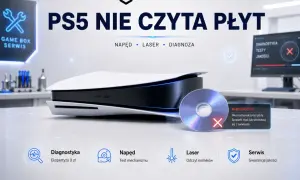 Konsola PS5 obok płyty z błędem odczytu, ikony diagnostyki, napędu, lasera i serwisu.