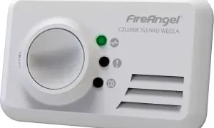 Biały czujnik tlenku węgla FireAngel SCB10-INT z dużym przyciskiem testowym i wskaźnikami LED.