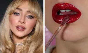 Maquillage yeux Noël facile : paillettes scintillantes sur les paupières et lèvres rouges brillantes pour un look festif.