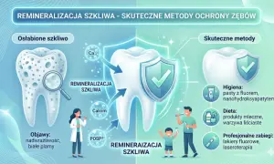 Ilustracja pokazuje proces remineralizacji szkliwa. Osłabione szkliwo z widocznymi ubytkami jest leczone za pomocą wapnia i fosforanów. Skuteczne metody obejmują higienę, dietę i zabiegi profesjonalne.