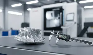Precyzyjna obróbka mechaniczna elementów metalowych: wirnik turbiny i suwmiarka cyfrowa na stole warsztatowym.