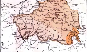 Mapa etnograficzna Galicji z zaznaczonymi miastami i rzekami.