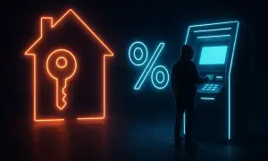 En person vid en bankomat, med symboler för hus, nyckel och procent. Frågan om man kan låna till kontantinsats är central.