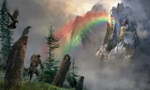 En viking med sköld och spjut blickar mot en regnbåge som leder till ett hus på ett berg. Kanske är det dit Valhalla ligger.
