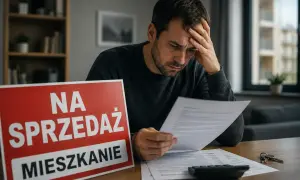 Zmartwiony mężczyzna analizuje dokumenty dotyczące mieszkania zapisanego w testamencie, a także kwestii zachowku. Obok leży tabliczka "Na sprzedaż mieszkanie".