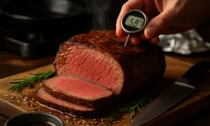 Un succulento arrosto di manzo, appena cotto, viene controllato con un termometro. La carne è rosata e invitante, con fette già pronte per essere servite.