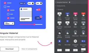 Composants Angular Material avec des éléments angulaires, incluant des boutons et des sélecteurs, présentés dans une interface de bibliothèque de design.