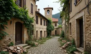 Ruelle pavée d'un village abandonné, envahie par la végétation. Une tour de cloche se dresse au loin, témoin silencieux d'un passé révolu.