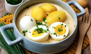 Senfeier rezept: Ein deftiger Eintopf mit Kartoffeln und halbierten Eiern in cremiger Senfsauce, garniert mit Schnittlauch.