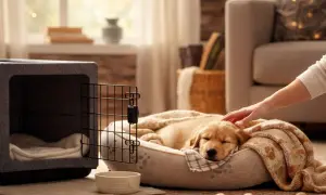 Un cachorro dorado duerme plácidamente en su cama, acurrucado bajo una manta. Una mano acaricia su cabeza, demostrando cómo dormir a un cachorro de 2 meses con ternura y seguridad.