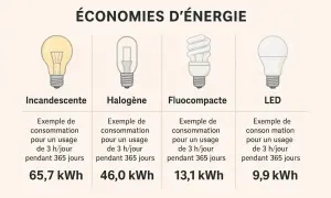 Comparaison de la consommation d'énergie des ampoules : halogène (46 kWh) vs LED (9,9 kWh) et autres. Les avantages et inconvénients sont illustrés.