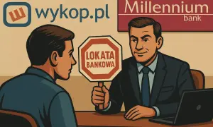 Bankier z Millennium pokazuje znak "Lokata bankowa". Czy to dobra oferta? Sprawdź oprocentowanie!