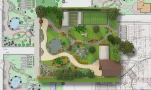 Progetto di un giardino con laghetto, serre e piscina, in attesa di autorizzazione paesaggistica.
