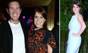 Prinsessan Eugenie ler i en ljusblå klänning utomhus. Till vänster syns hon med en man i mörk jacka.