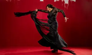 Bailarina de flamenco con mantón negro sobre fondo rojo vibrante.