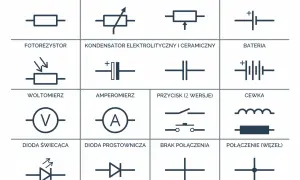 Schematyczne symbole elementów elektrycznych: rezystor, potencjometr, ogniwo, fotorezystor, kondensator, bateria, woltomierz, amperomierz, przycisk, cewka, dioda świecąca, dioda prostownicza, brak połączenia, połączenie (węzeł).