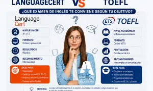 Joven reflexiona sobre exámenes de inglés para **intercambios al extranjero**. Compara Language Cert y TOEFL, sus niveles, formatos y reconocimientos.