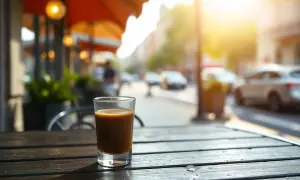 Ett glas ristretto kaffe står på ett träbord utanför ett café. Solen skiner på en gata med bilar i bakgrunden.