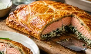 Un délicieux saumon en croûte doré, garni d'épinards crémeux, est coupé pour révéler sa chair rose tendre. Une part est servie sur une assiette.