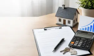 Tavolo con casa modello, contratto, penna, chiavi, calcolatrice e grafico di crescita. Ideale per adeguamento ISTAT 75 o 100.