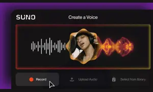 Suno music interface shows a young person singing into a microphone, with a waveform visualization. Options to Record, Upload Audio, or Select from library.