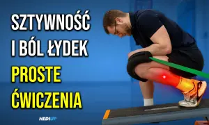 Mężczyzna ćwiczy łydki z gumą oporową, by złagodzić sztywność i ból. Mięsień płaszczkowaty łydki jest kluczowy w tych ćwiczeniach.