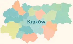 Mapa Krakowa z zaznaczonymi kolorowymi dzielnicami.